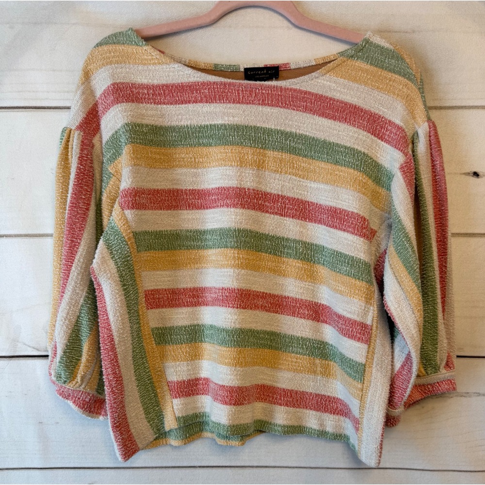 Current Air Los Angeles Striped Puff Sleeve Knit Top Orange Green Yellow Medium